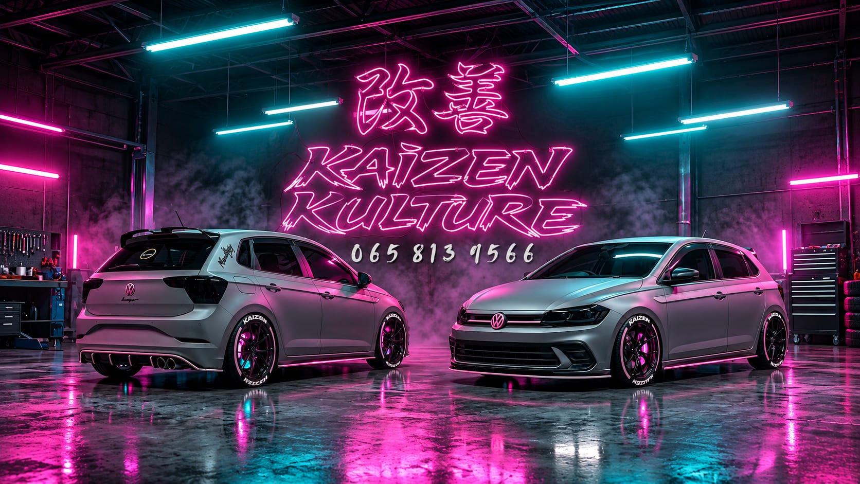Kaizen Kulture: two VW Polos under the neon Kaizen Kulture sign, 065 813 9566